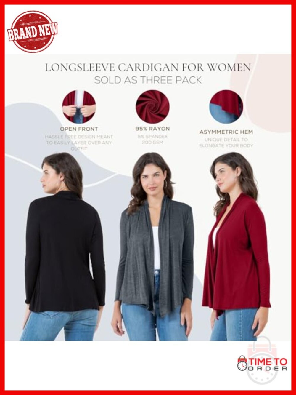 Rayon Spandex Long Sleeve Cardigan Lightweight Open Front Knit Sweater 3 Pack - Picture 4 of 6